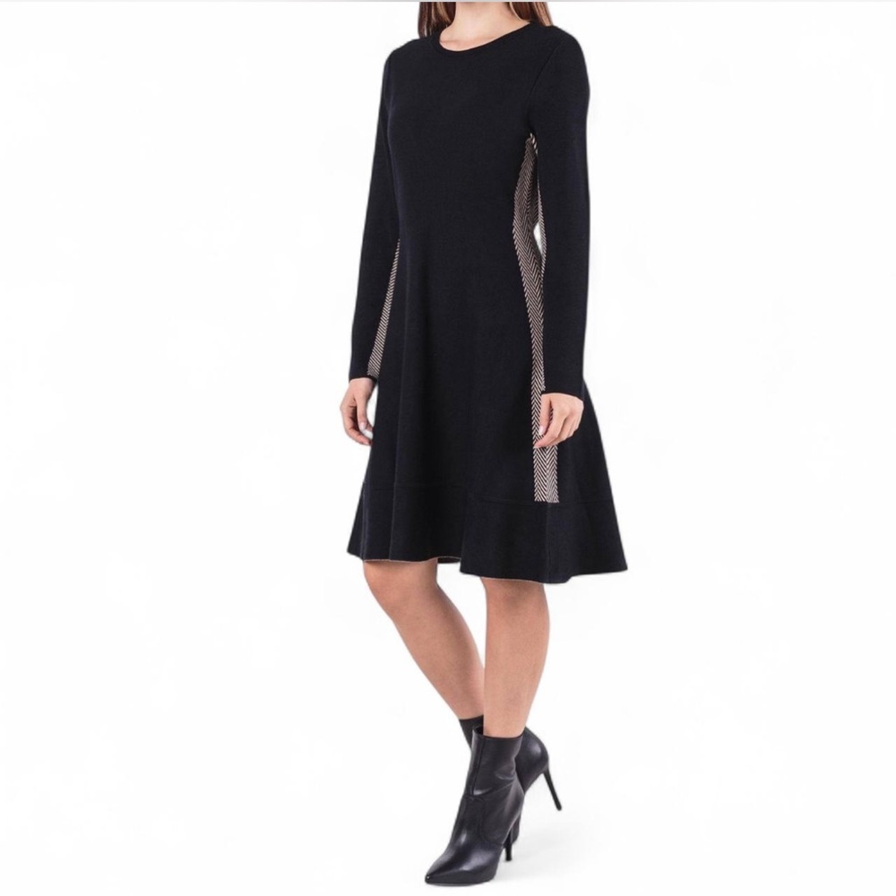 DKNY Black Long-Sleeve A-Line Dress with Contrast Side Panels